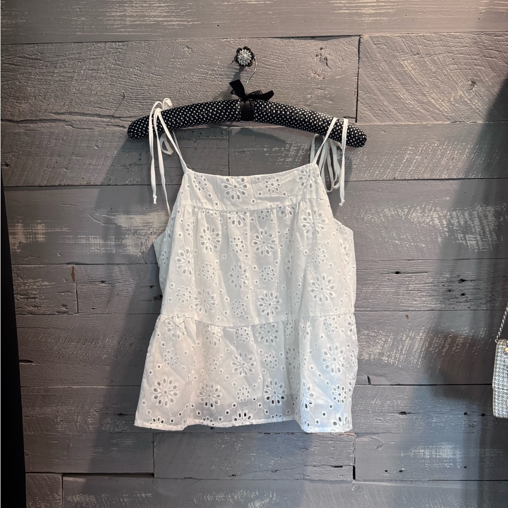 Francesca's Collections White Smocked Camisole with adjustable tie shoulders.